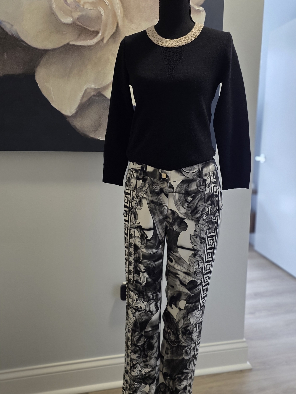 Versace Black and White Silk Print  Pant With Greek Key and Signature Button